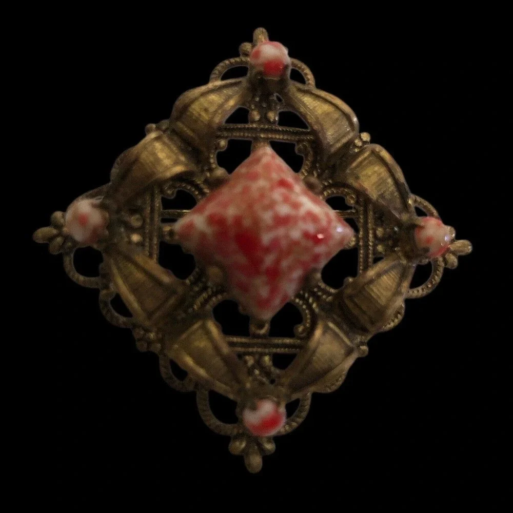 Art Deco Coral Matrix Glass Cabochon Pin Brooch Diamond Shape